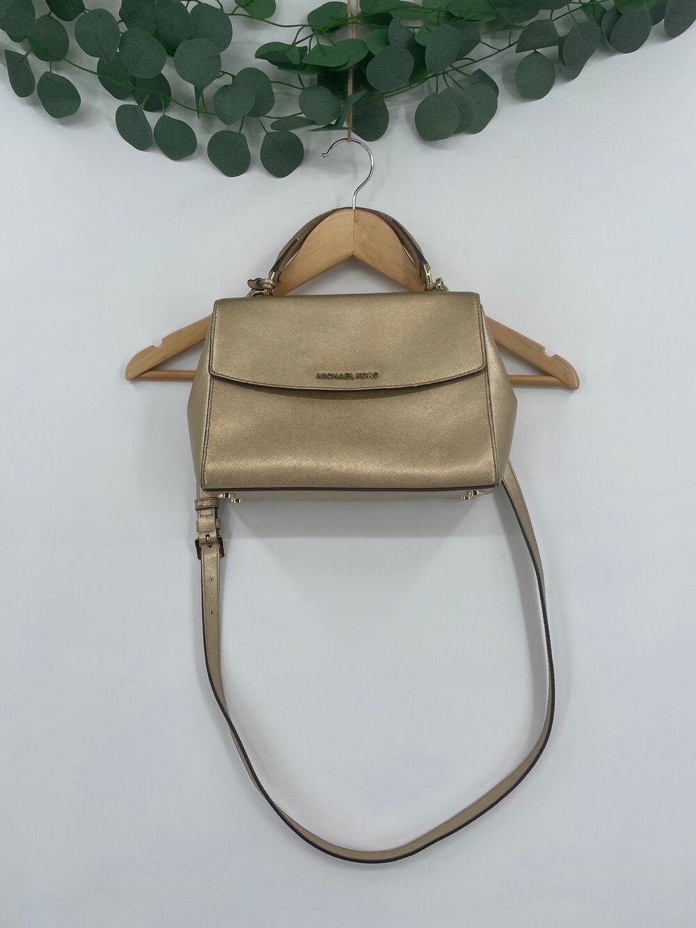 Michael Kors Metalic Gold Small Ava Satchel Crossbody Saffiano Leather Handbag